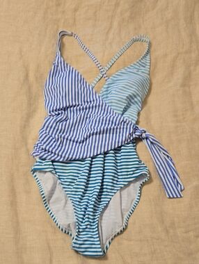 Bleu Rod Beattie Striped Blue Wrap One-Piece Swimsuit Sz 12 NWOT